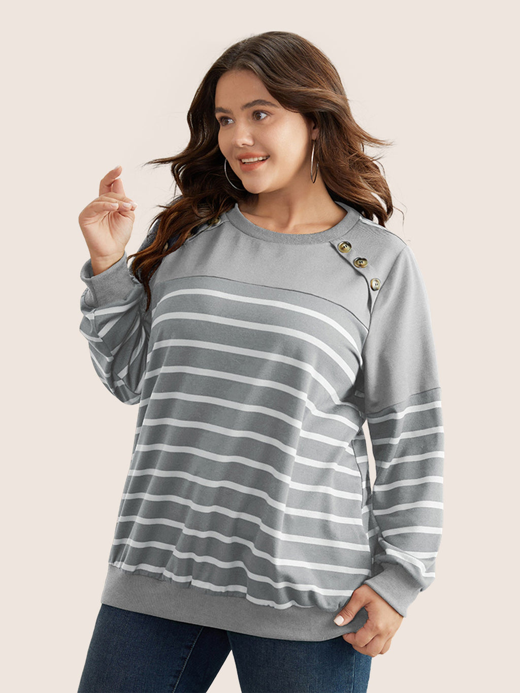 Striped Patchwork Button Detail Sweatshirt