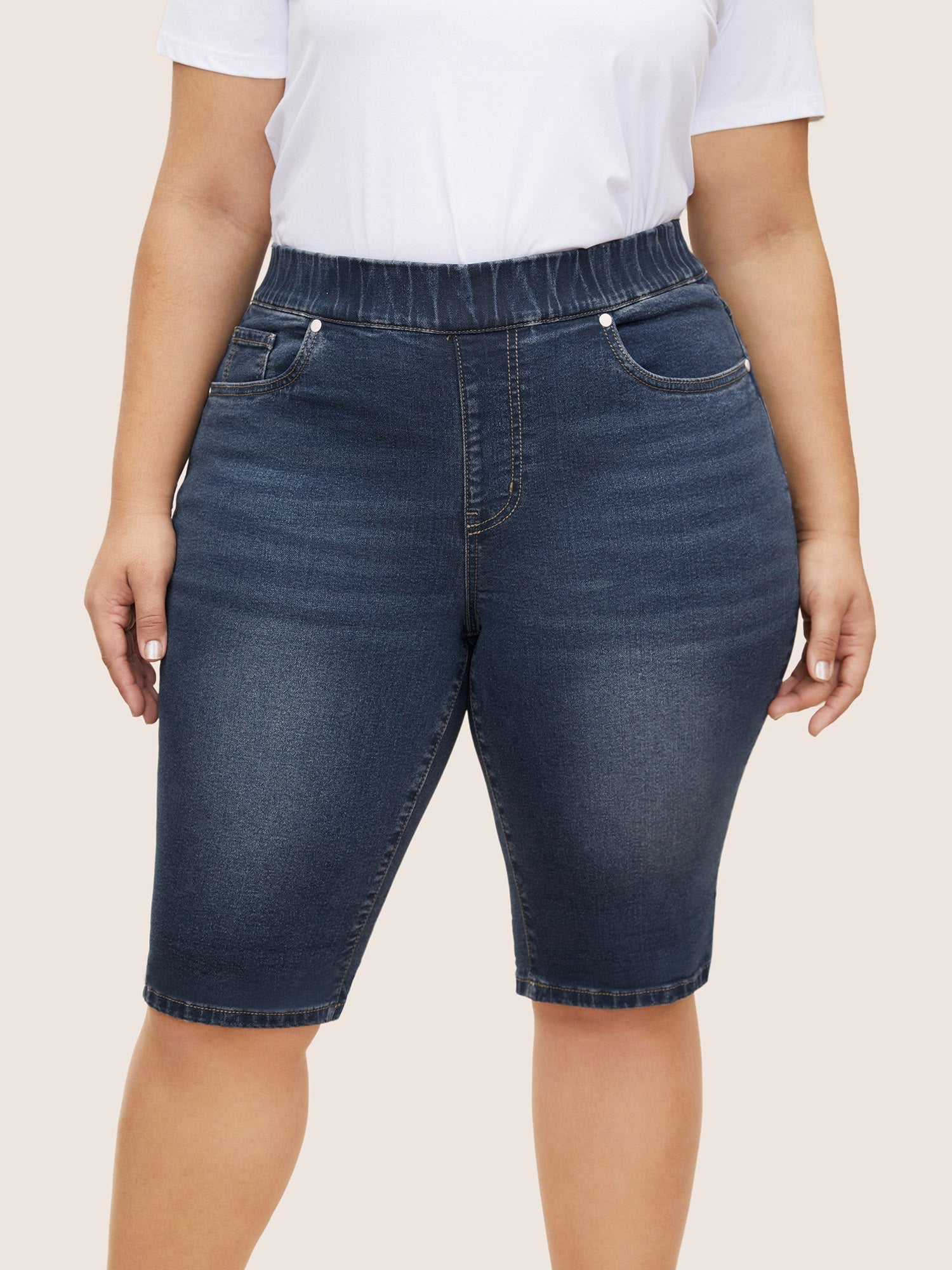 Roll Hem Elastic Waist Dark Wash Denim Shorts
