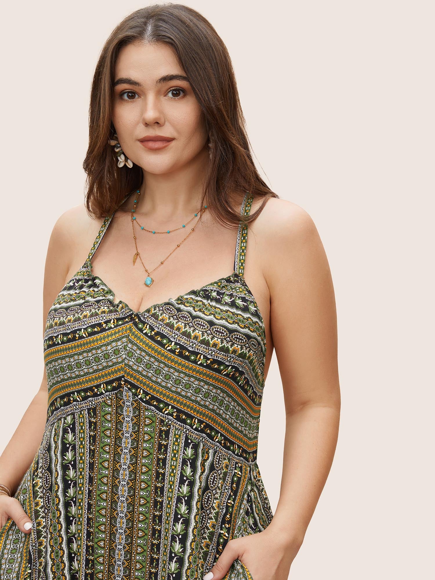 Boho Print Elastic Waist Split Hem Cami Dress