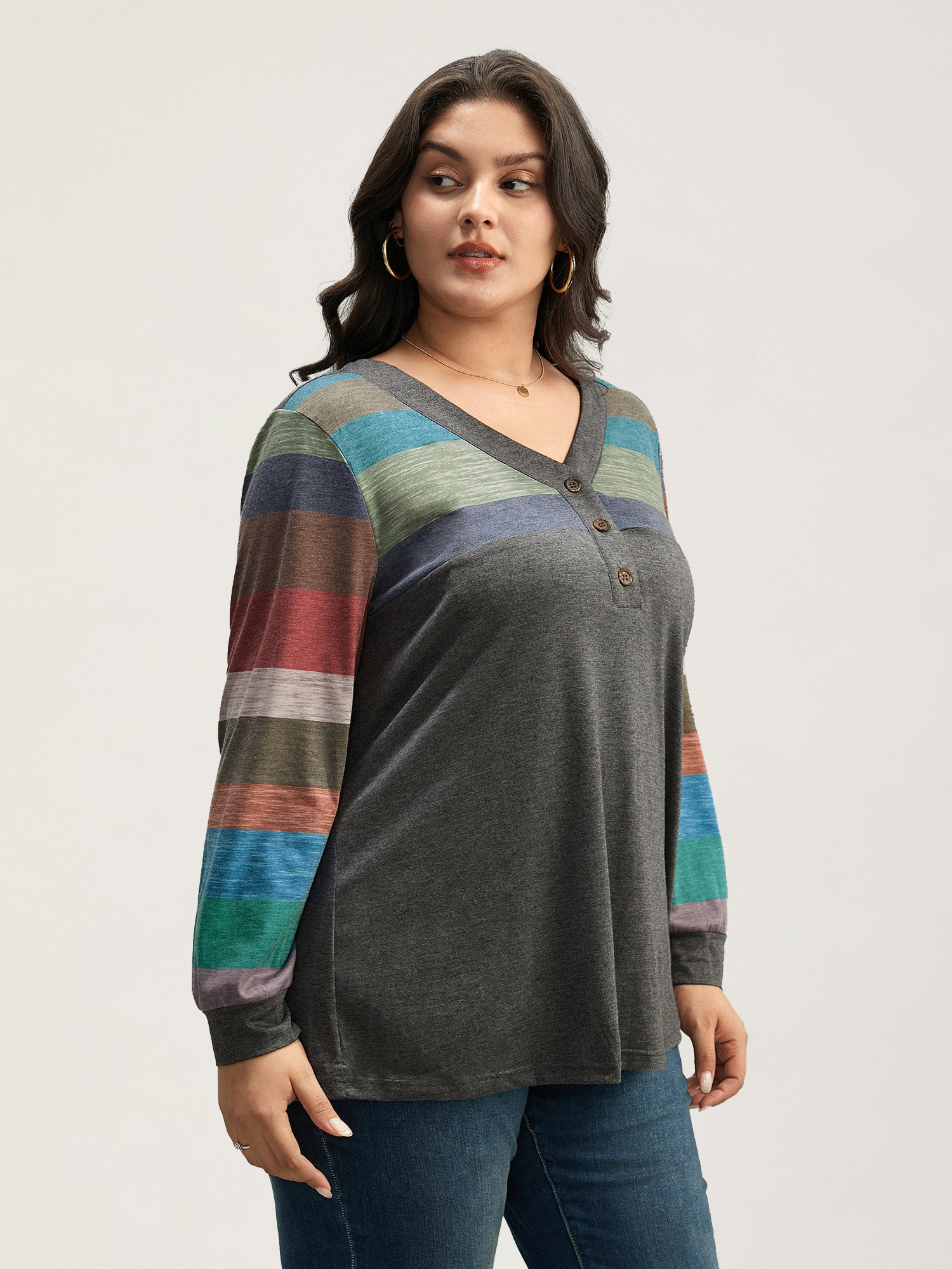 Colorblock Contrast V Neck Button Up T-shirt
