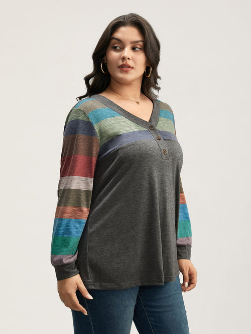 Colorblock Contrast V Neck Button Up T-shirt