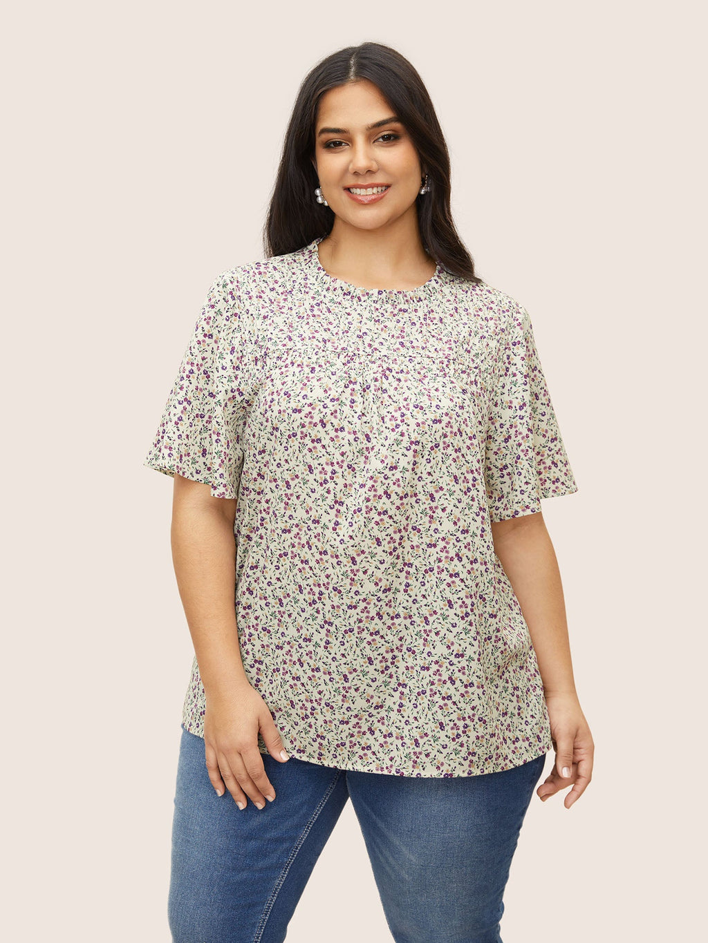 Ditsy Floral Plicated Detail Frill Trim Blouse