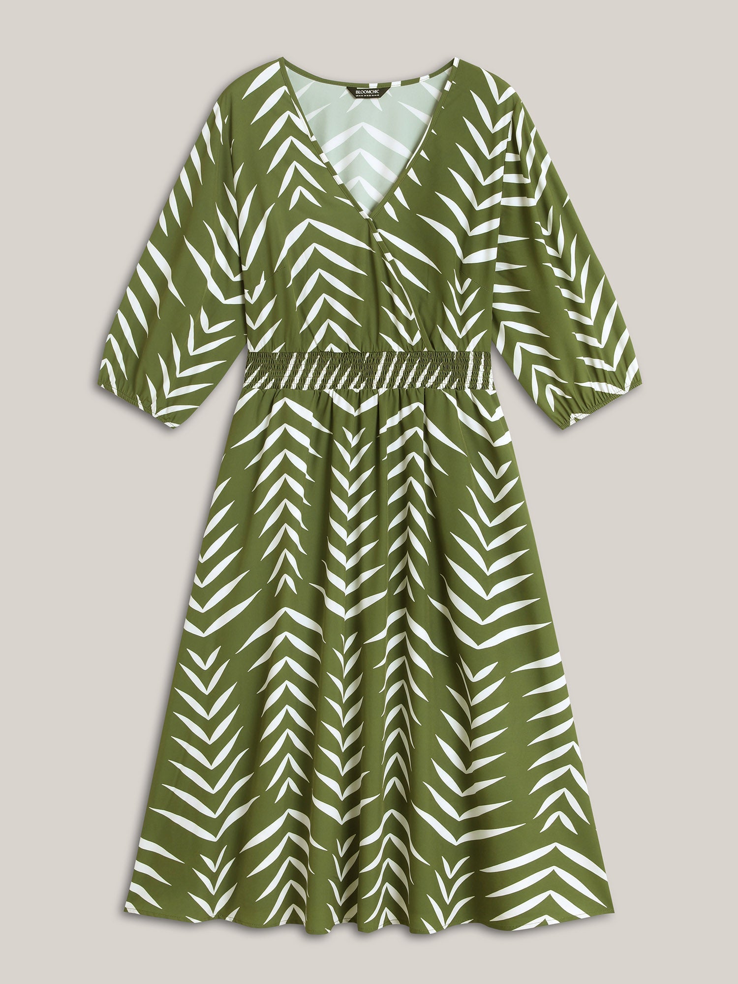 Tree Print Wrap Shirred Pockets Midi Dress