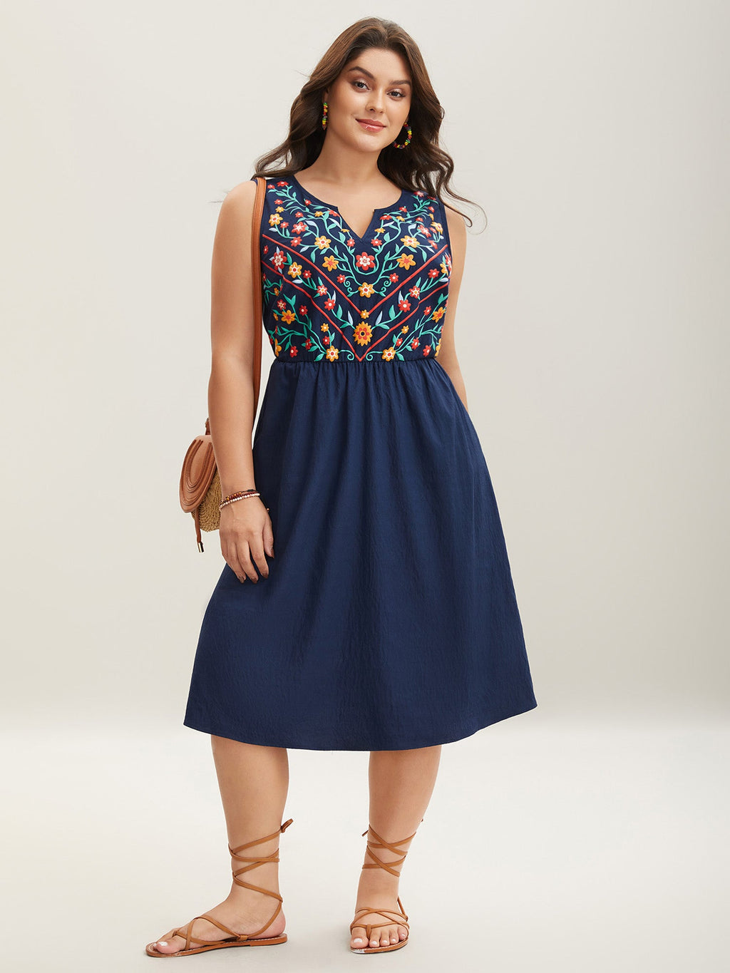 Imitation Embroidery Woven Sleeveless Midi Dress