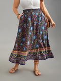 Boho Print Stretchy Waist Flared Maxi Skirt