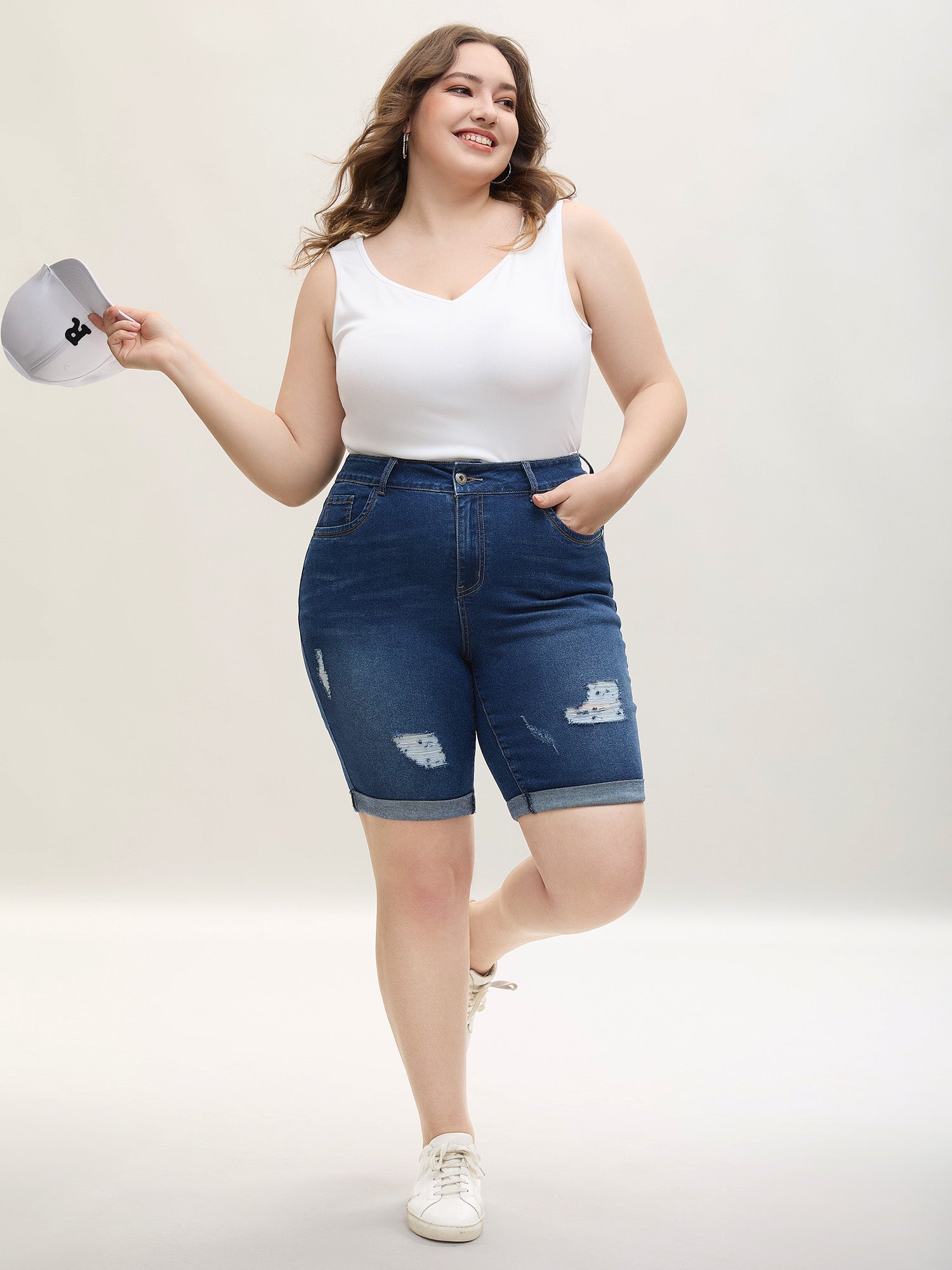 Ripped Straight-Leg Denim Shorts