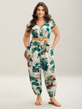 Tropical Print Surplice Neck Back Tie Jumpsuit
