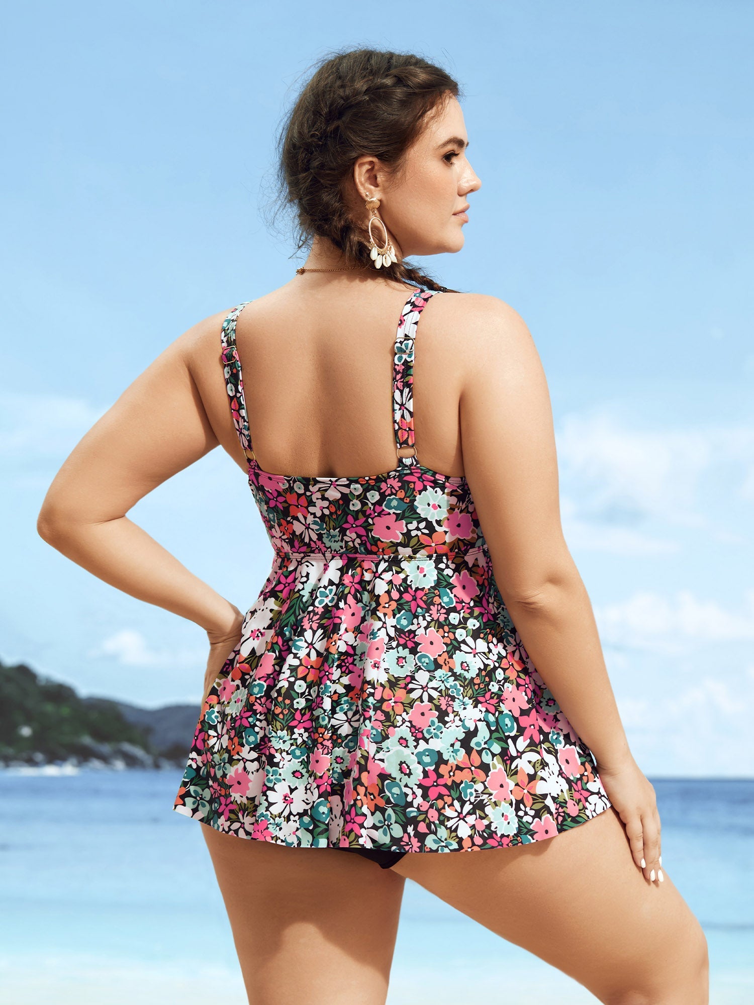Colored Floral Print Knotted Gathered Swim Top