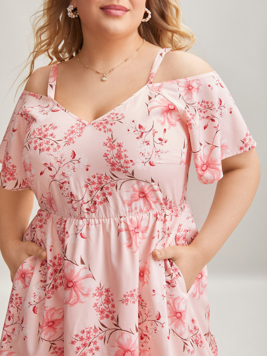 Floral Print Cold-Shoulder Pockets Midi Dress