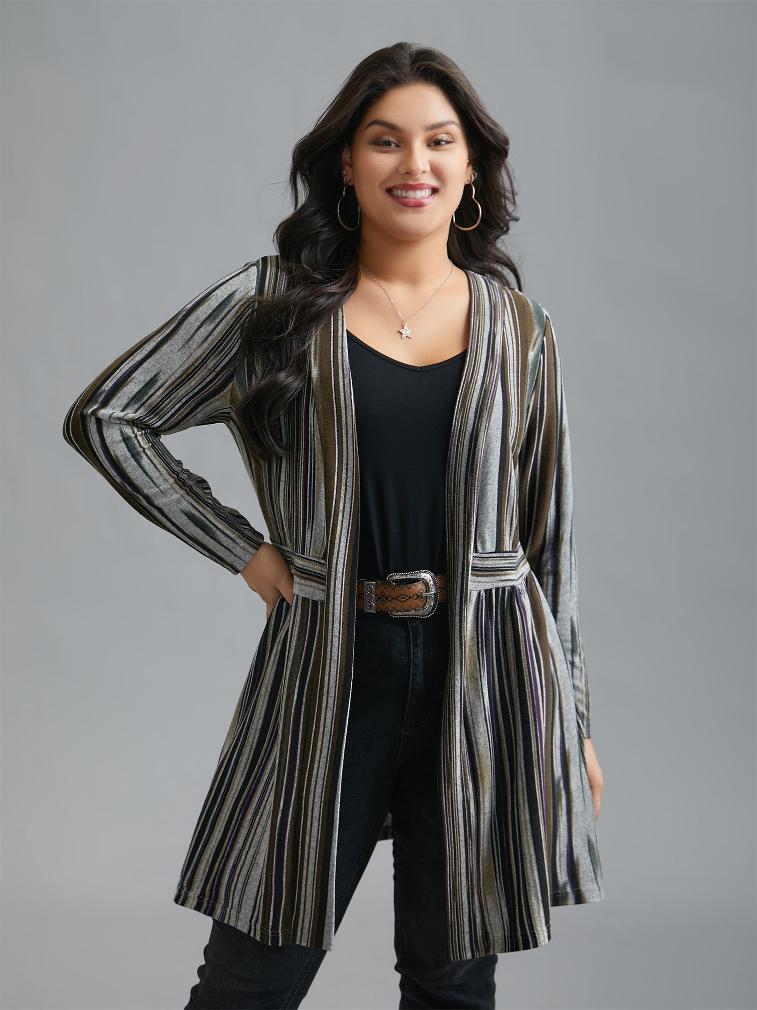 Colored Striped Open Front Waist Defining Jacket
