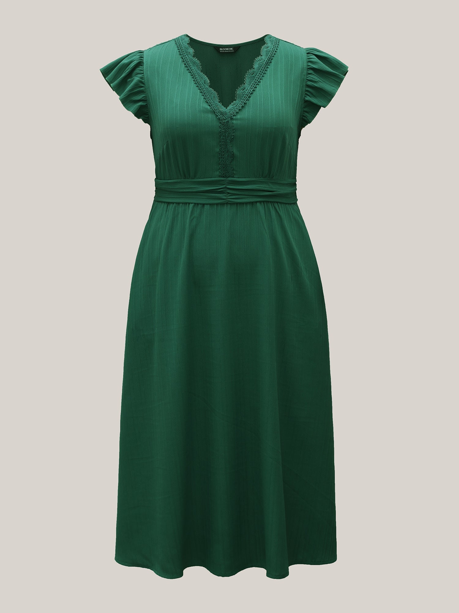 Lace Trim Stitch Textured Waist-Defined Midi Dress
