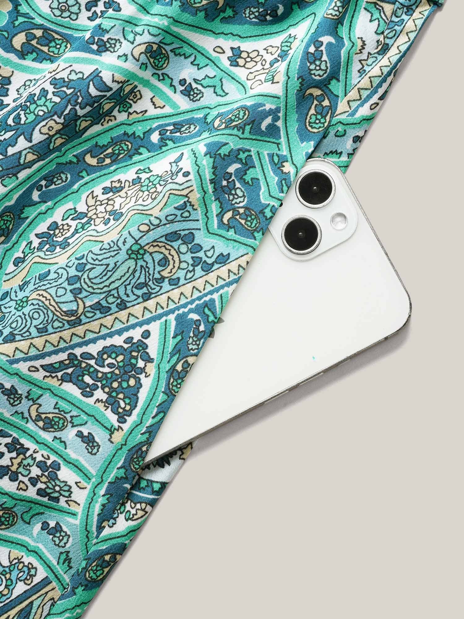 Paisley Print Off-Sleeve V-Neck Midi Dress