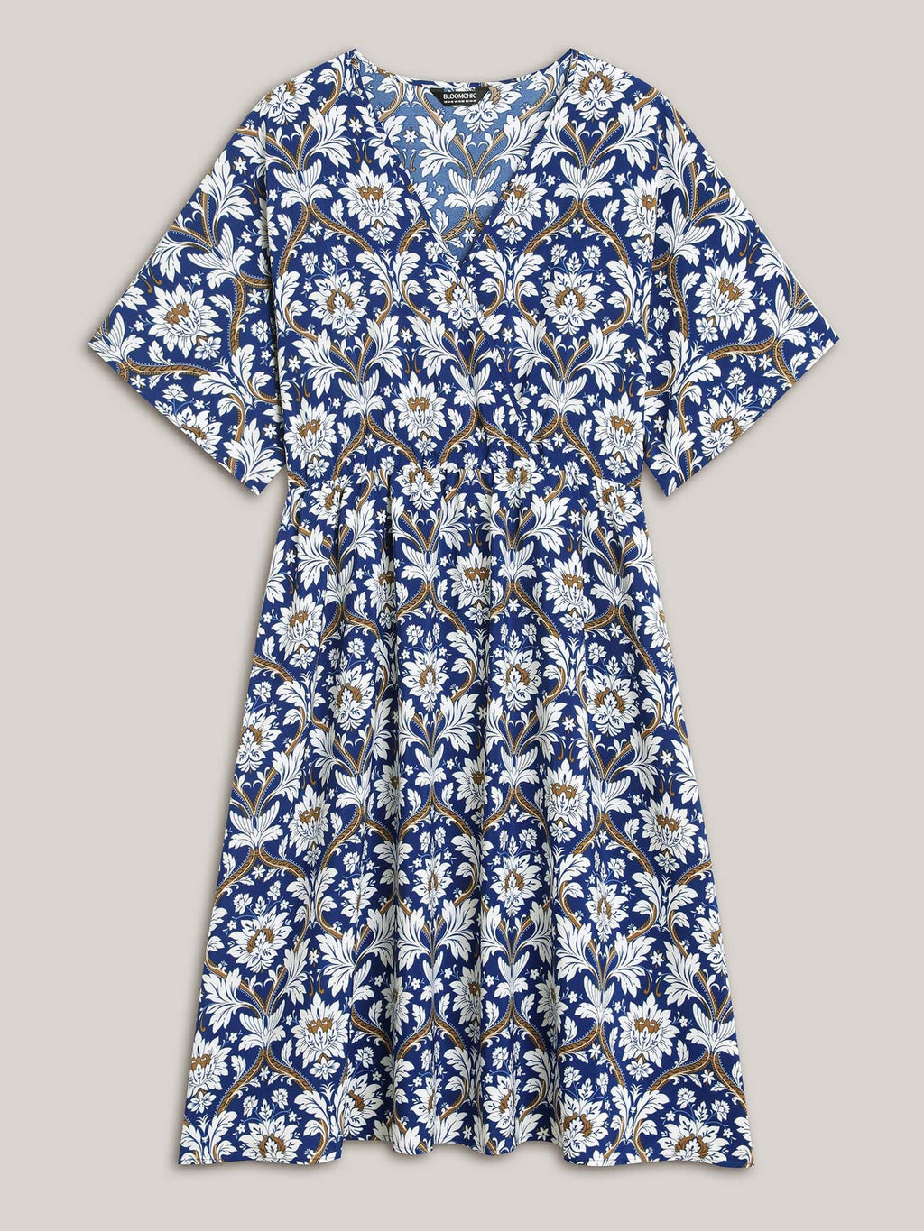 Boho Print Shirred Surplice Neck Midi Dress