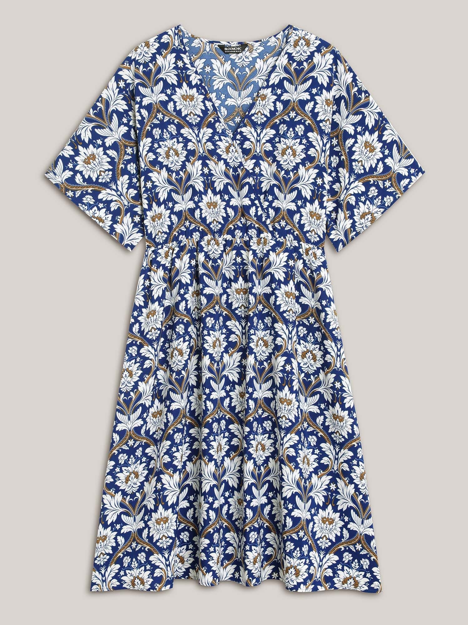 Boho Print Shirred Surplice Neck Midi Dress