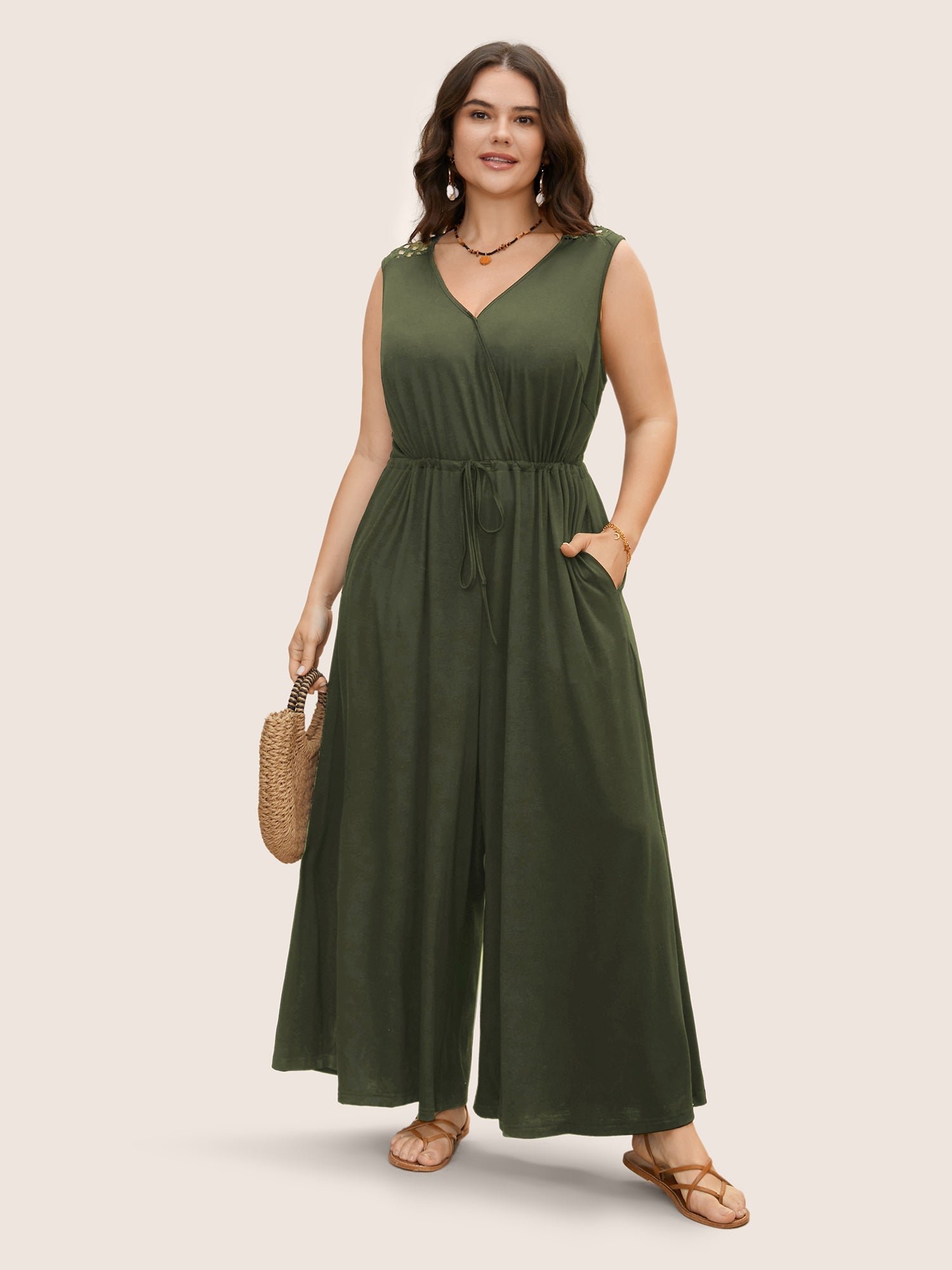 V Neck Crocheted Cut Out Jumpsuit