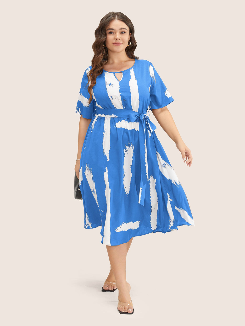 Brush Print Keyhole Belted Pocket Flutter Dress
