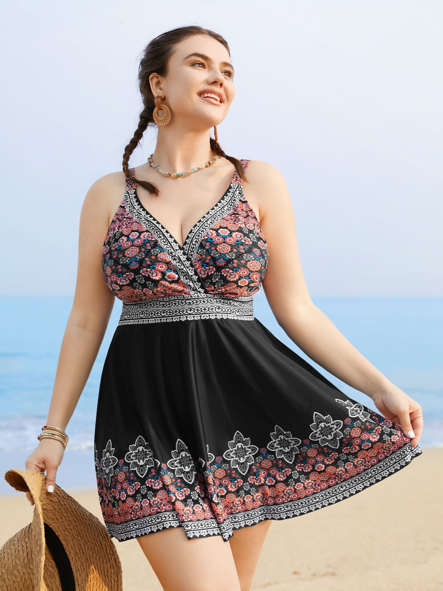 Boho Print Surplice Neck Adjustable Swim Dress