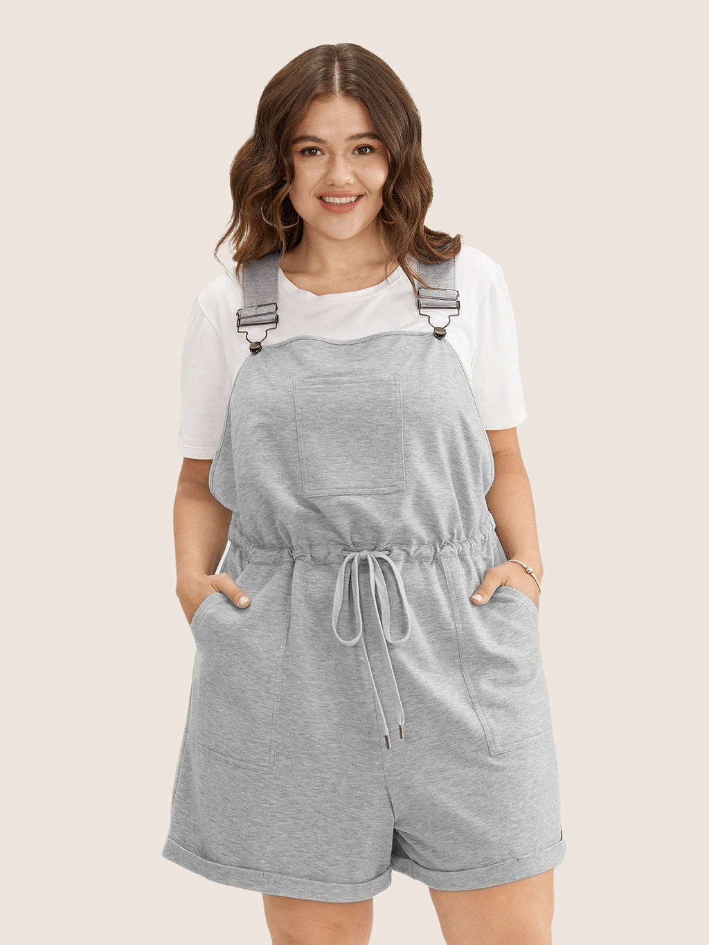 Solid Pocket Drawstring Overall Romper