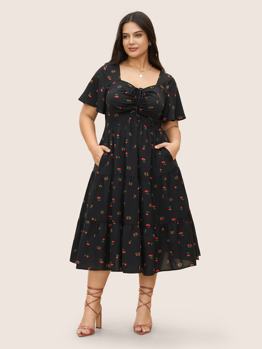 Citrus Fruit Print Heart Neckline Drawstring Pleated Dress