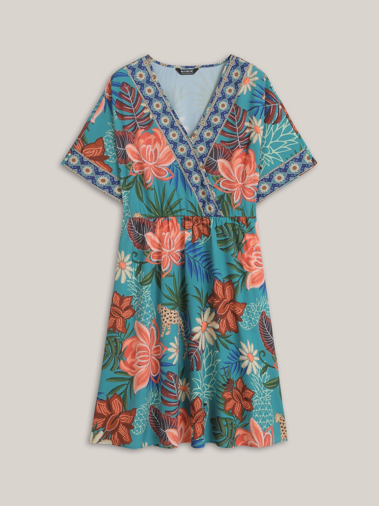 Floral Print Surplice Neck Pockets Midi Dress