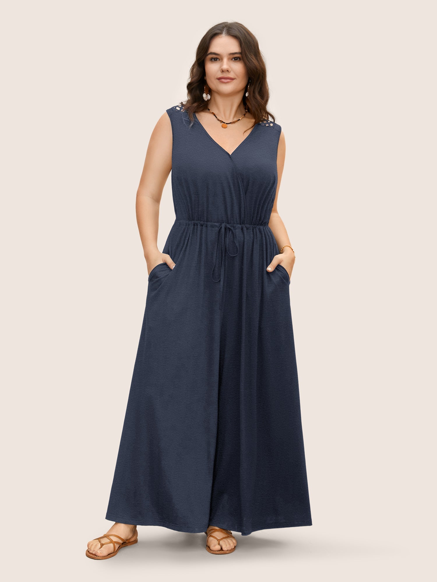 V Neck Crocheted Cut Out Jumpsuit