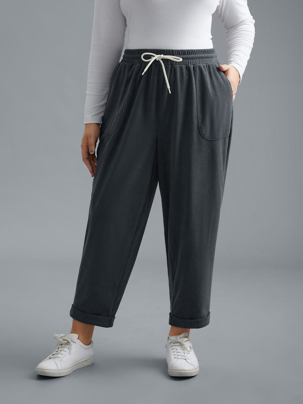 Plain Drawstring Slant Pocket Roll Hem Pants