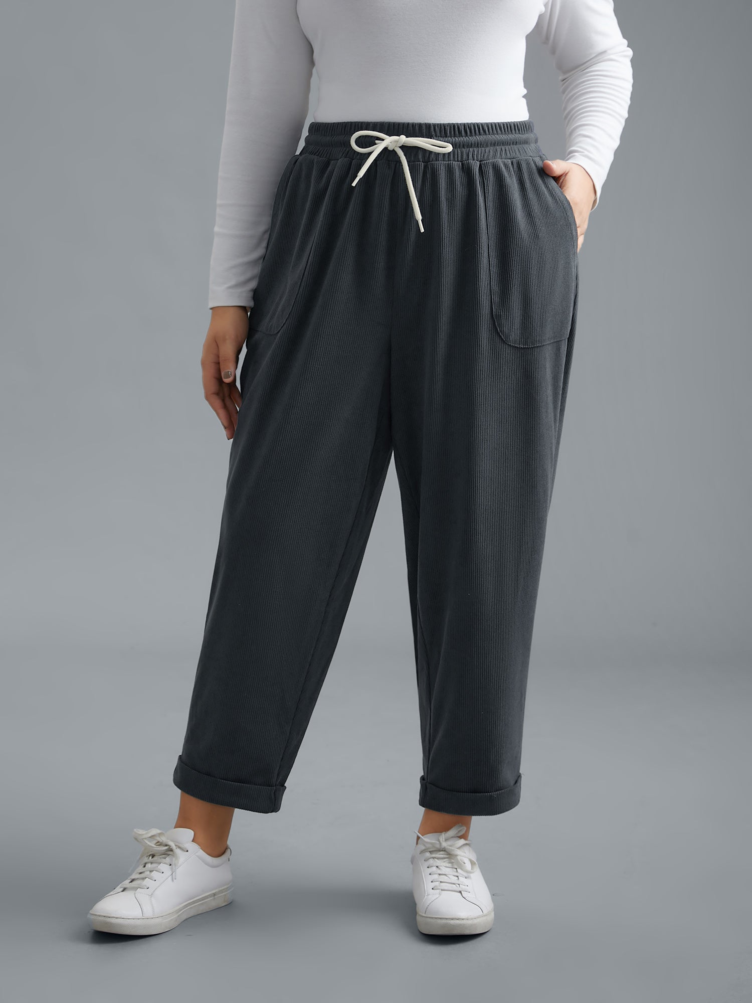 Plain Drawstring Slant Pocket Roll Hem Pants