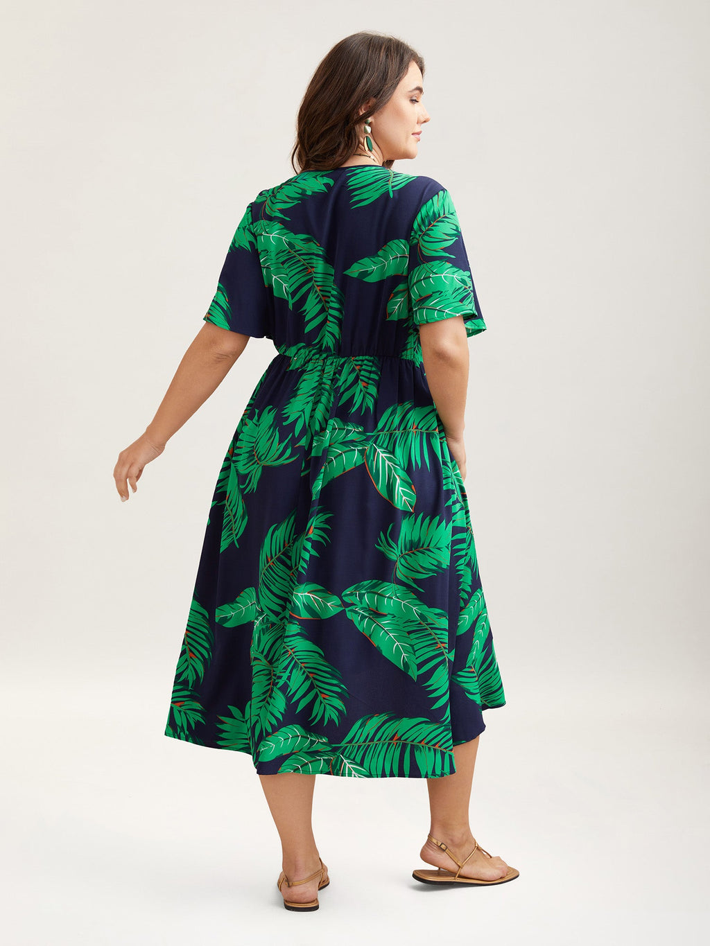 Tropical Leaf Print Surplice Neck Midi Dress