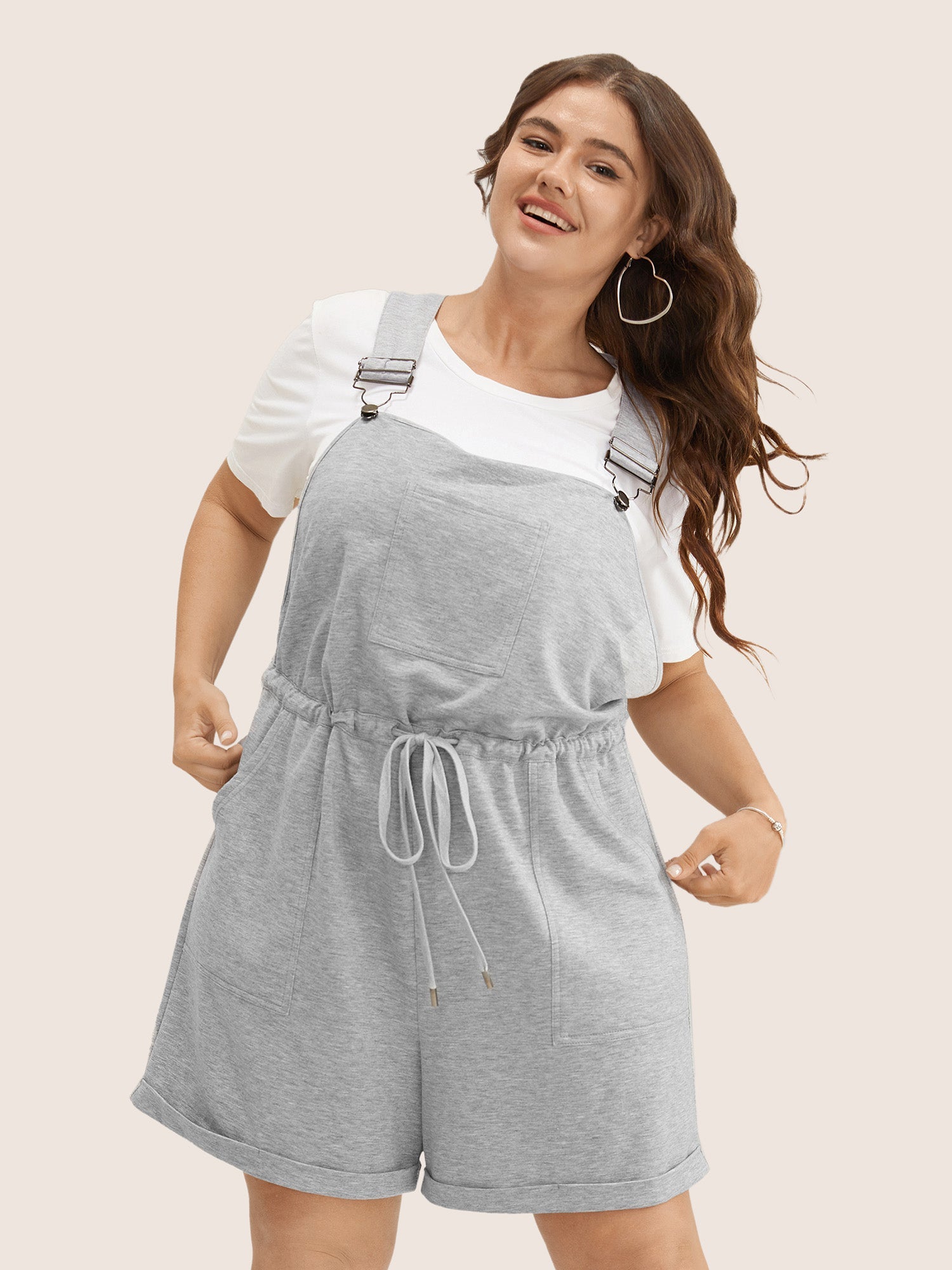 Solid Pocket Drawstring Overall Romper