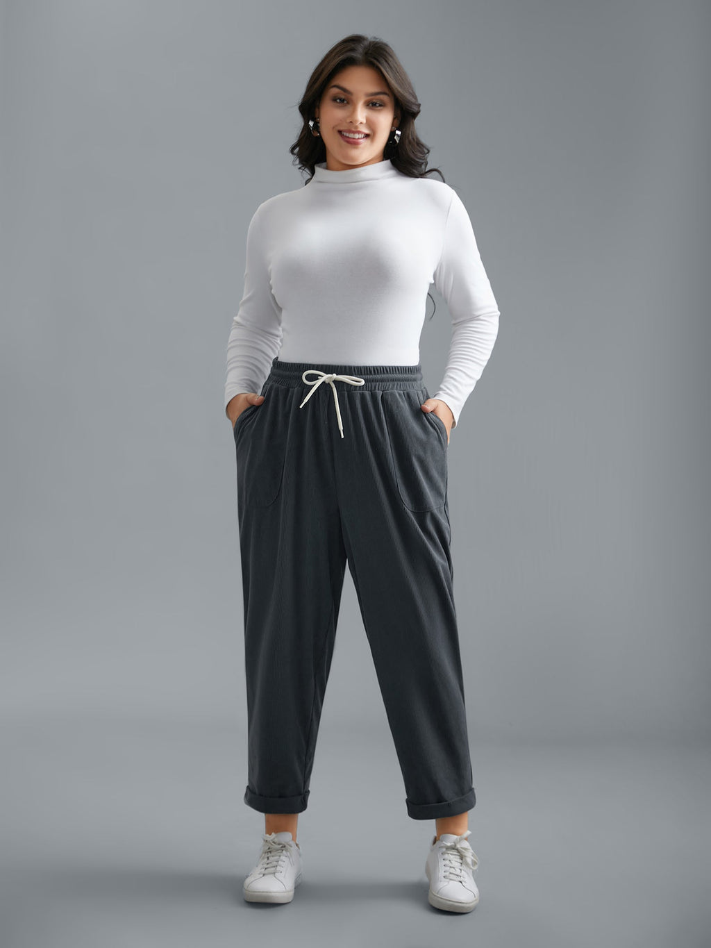 Plain Drawstring Slant Pocket Roll Hem Pants