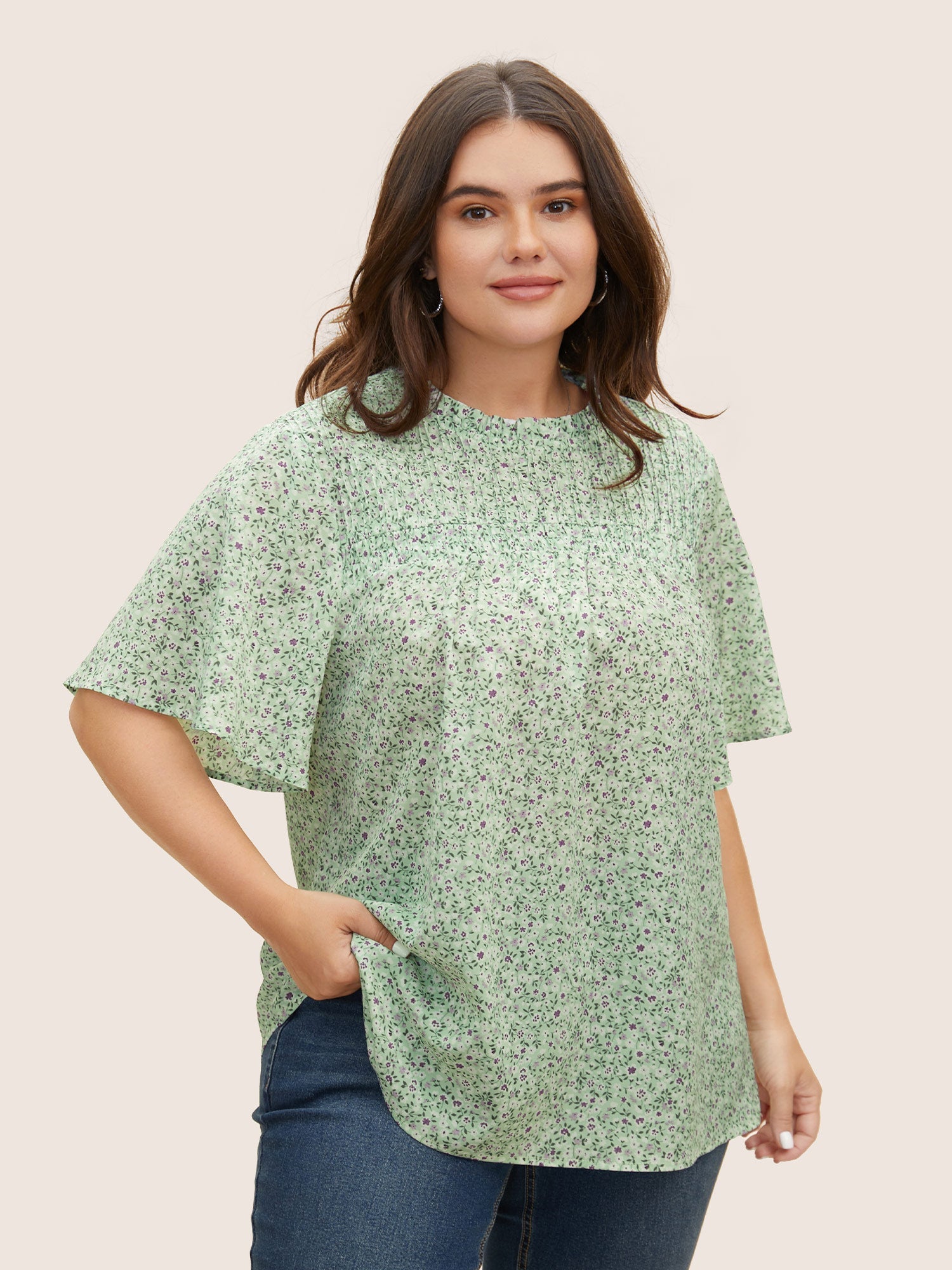 Ditsy Floral Plicated Detail Frill Trim Blouse