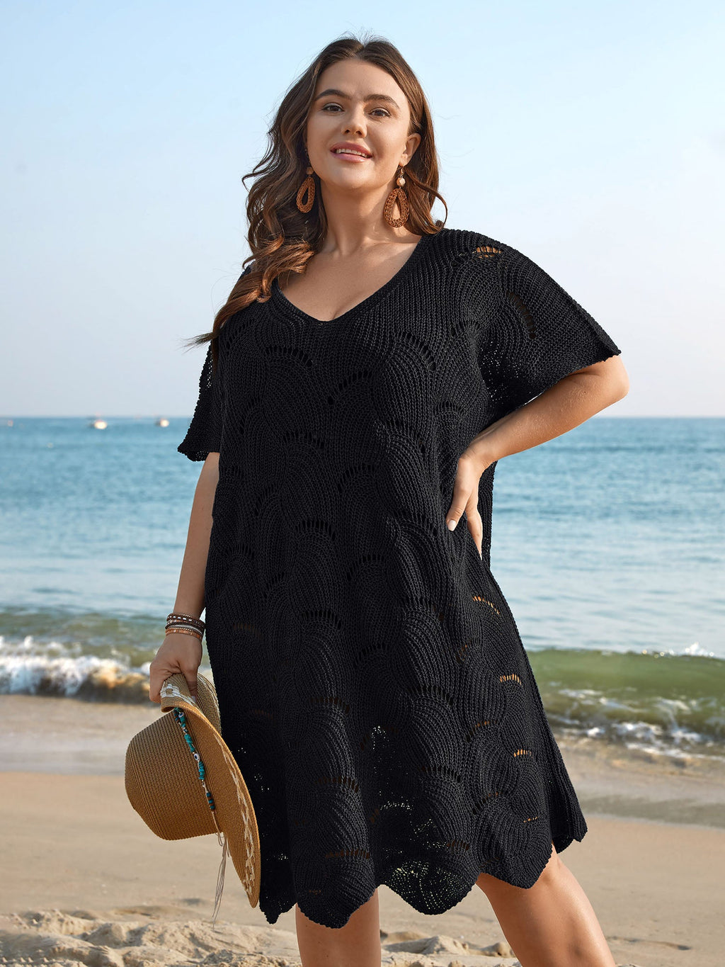 Cut-Out Solid V-Neck Swimsuit Coverup