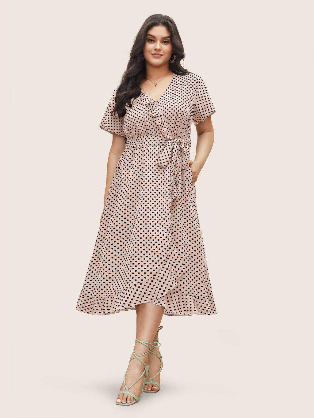Polka Dot Flutter Trim Belted Overlap Collar Dress