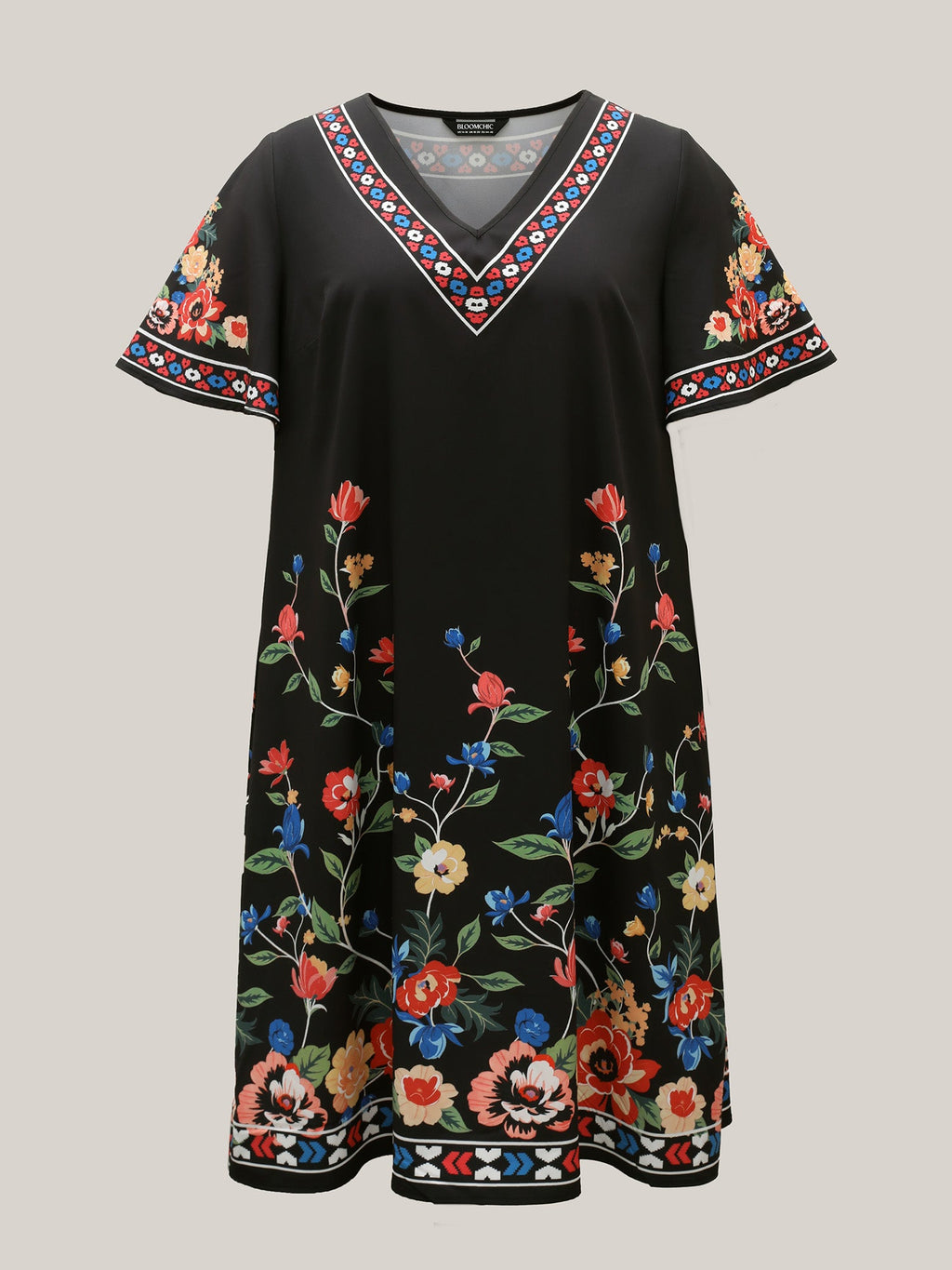 Boho Print V-Neck Flared Sleeve Midi Dress