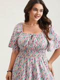 Smocked Waist Floral Ties Tiered Maxi Dress