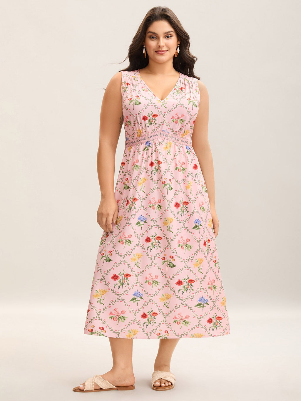 Floral Abstract Print V-Neck Maxi Dress