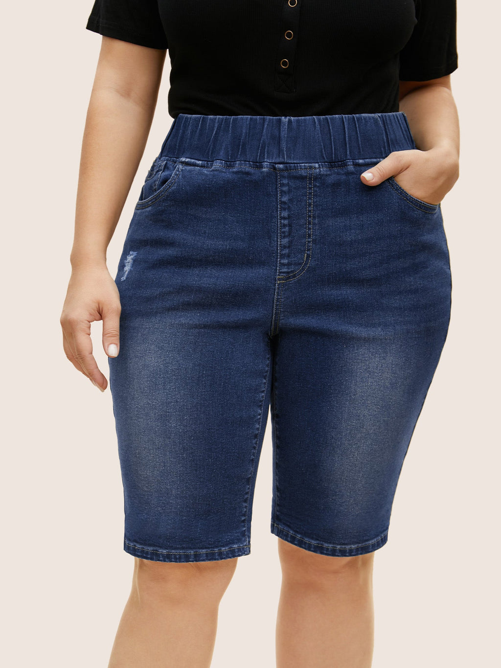 Dark Wash Distressed Roll Hem Denim Shorts