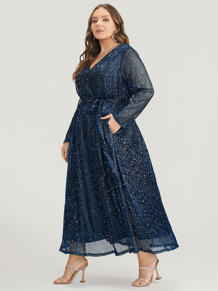 Solid Pocket Wrap Belted Sequin Mesh Maxi Dress