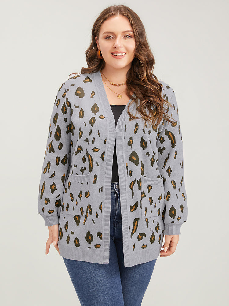 Leopard Super Soft Knit Pocket Jacquard Open Front Cardigan