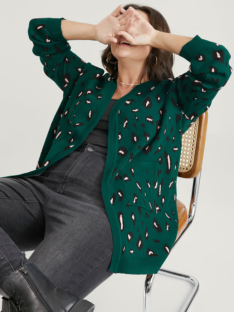Leopard Super Soft Knit Pocket Jacquard Open Front Cardigan
