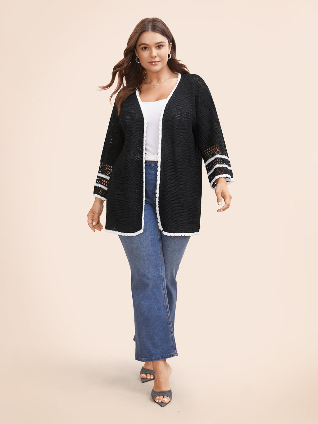 Solid Contrast Trim Bell Sleeve Cardigan