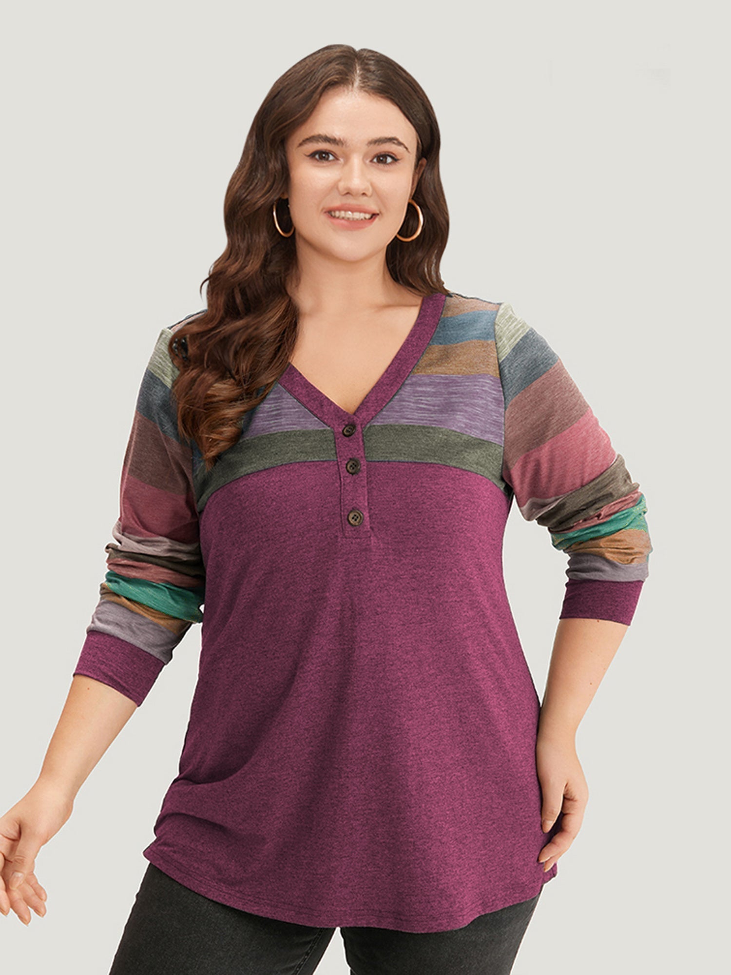 Colorblock Contrast V Neck Button Up T-shirt