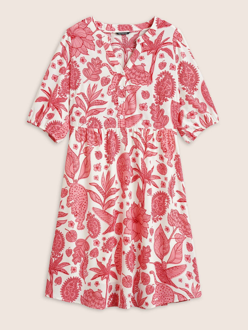 Plants & Animal Print Notched Lantern Sleeve Dress