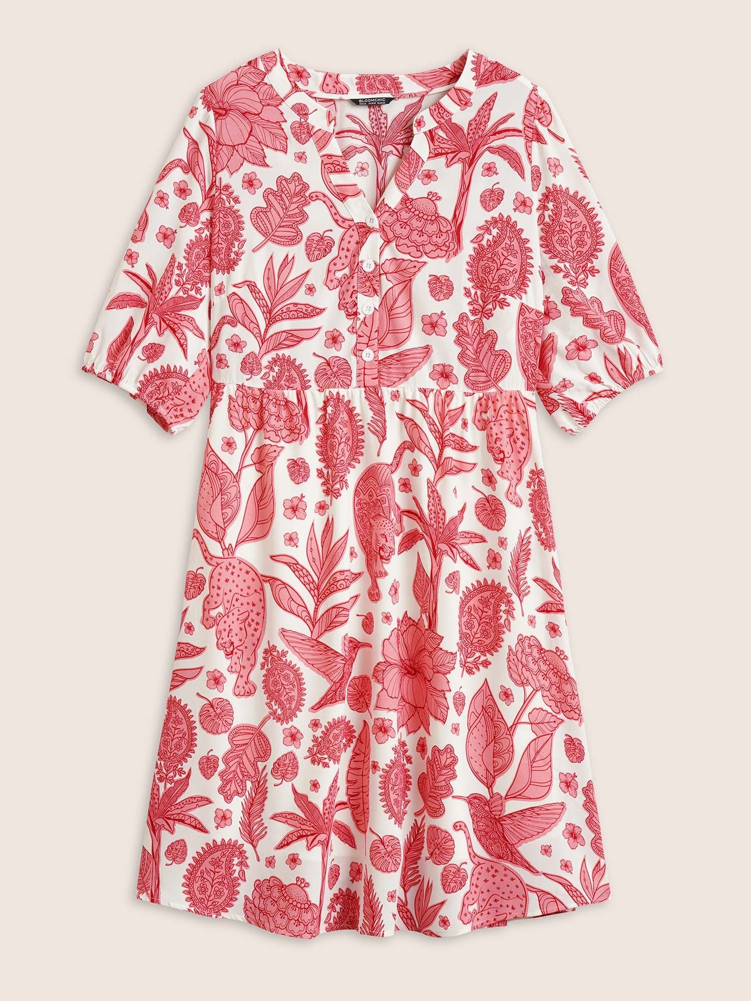 Plants & Animal Print Notched Lantern Sleeve Dress