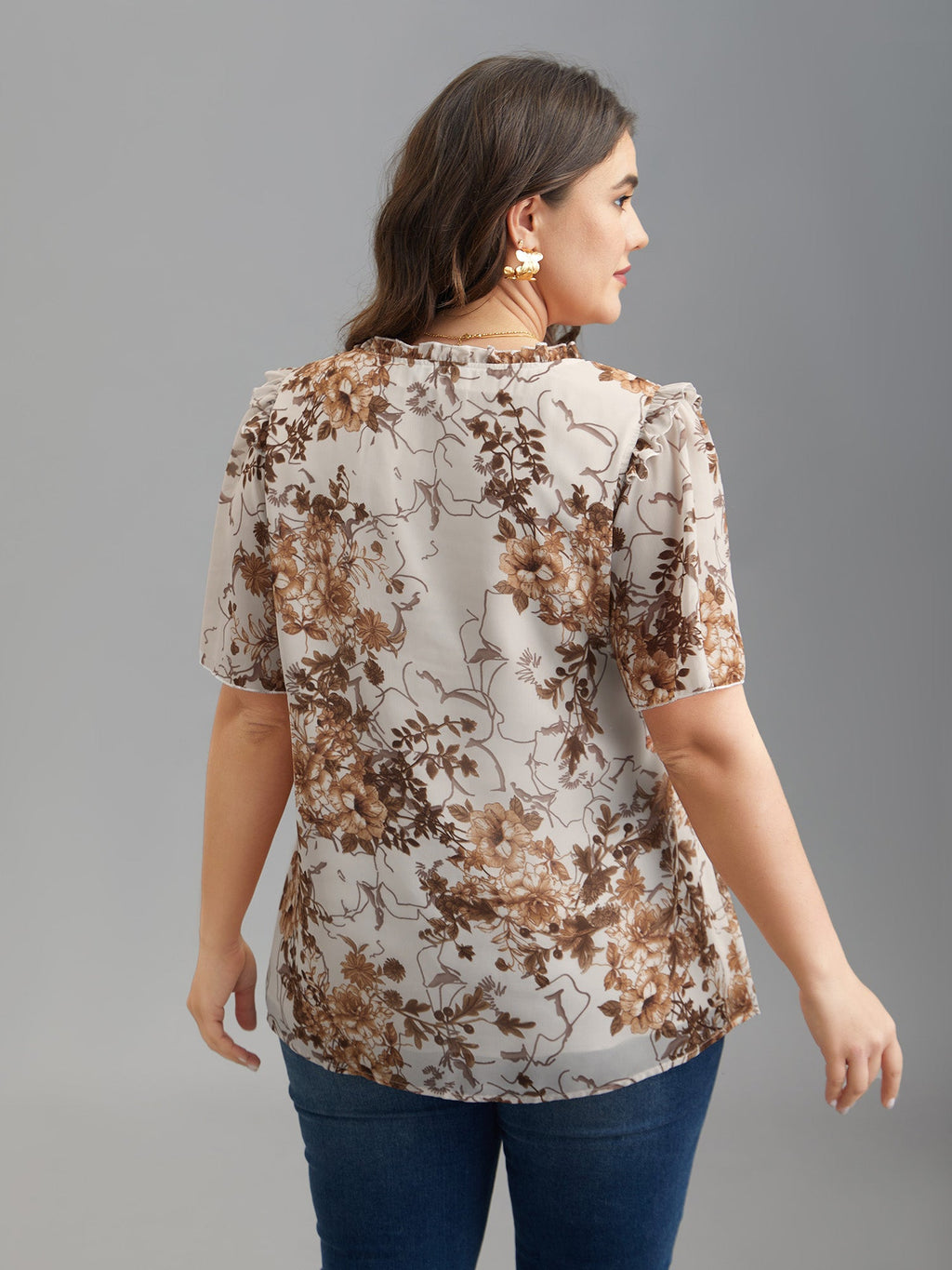 Floral Print Ruffle Neck Shirt