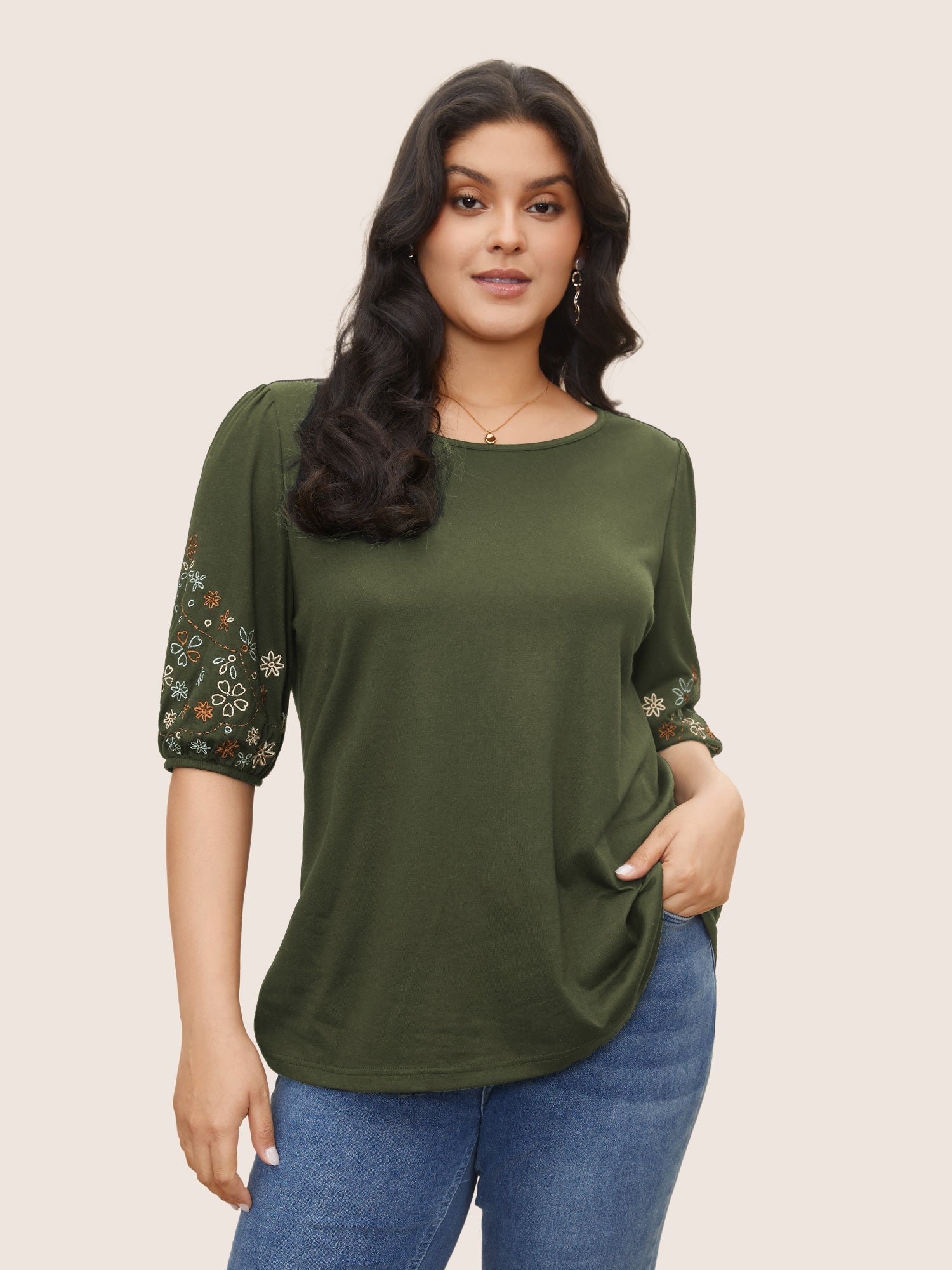 Floral Embroidered Crew Neck Puff Sleeve T-shirt
