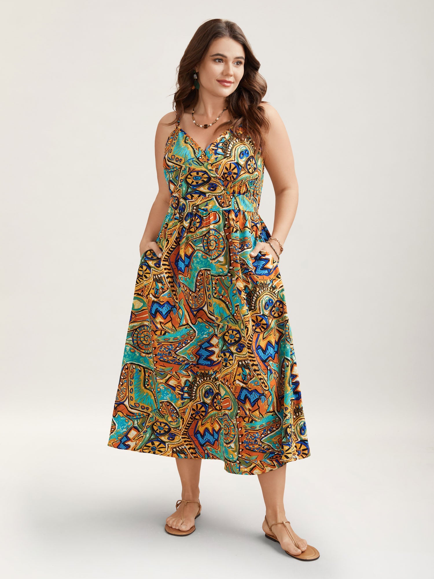 Boho Print Stretchy Waist Pockets Maxi Dress
