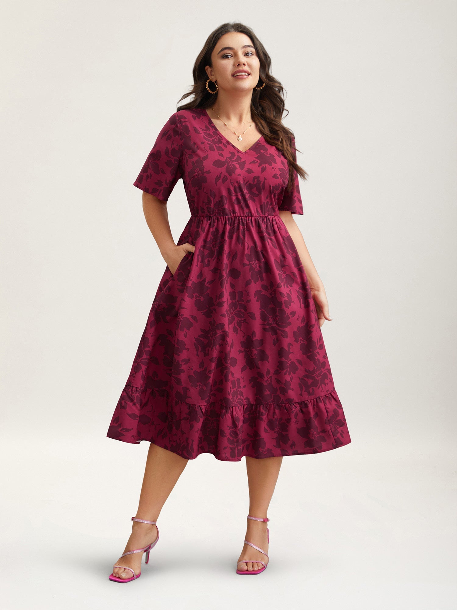 Romantic Flower Print Pockets Midi Dress