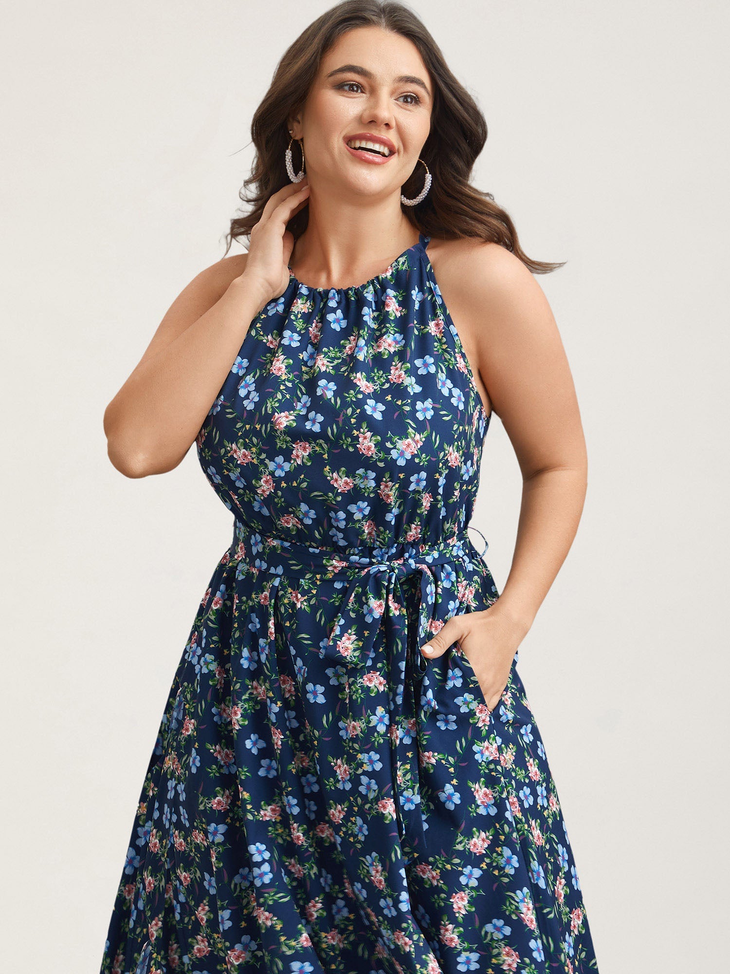 Floral Print Belted Stretchy Waist Midi Dress