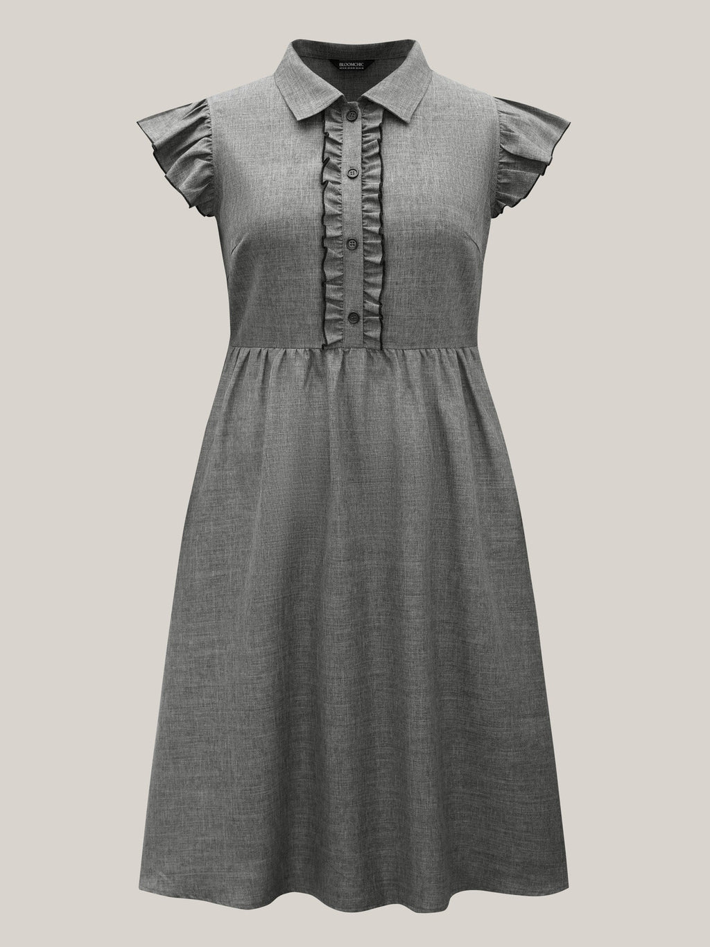 Ruffled Trim Shirt Collar Flared Midi Dress
